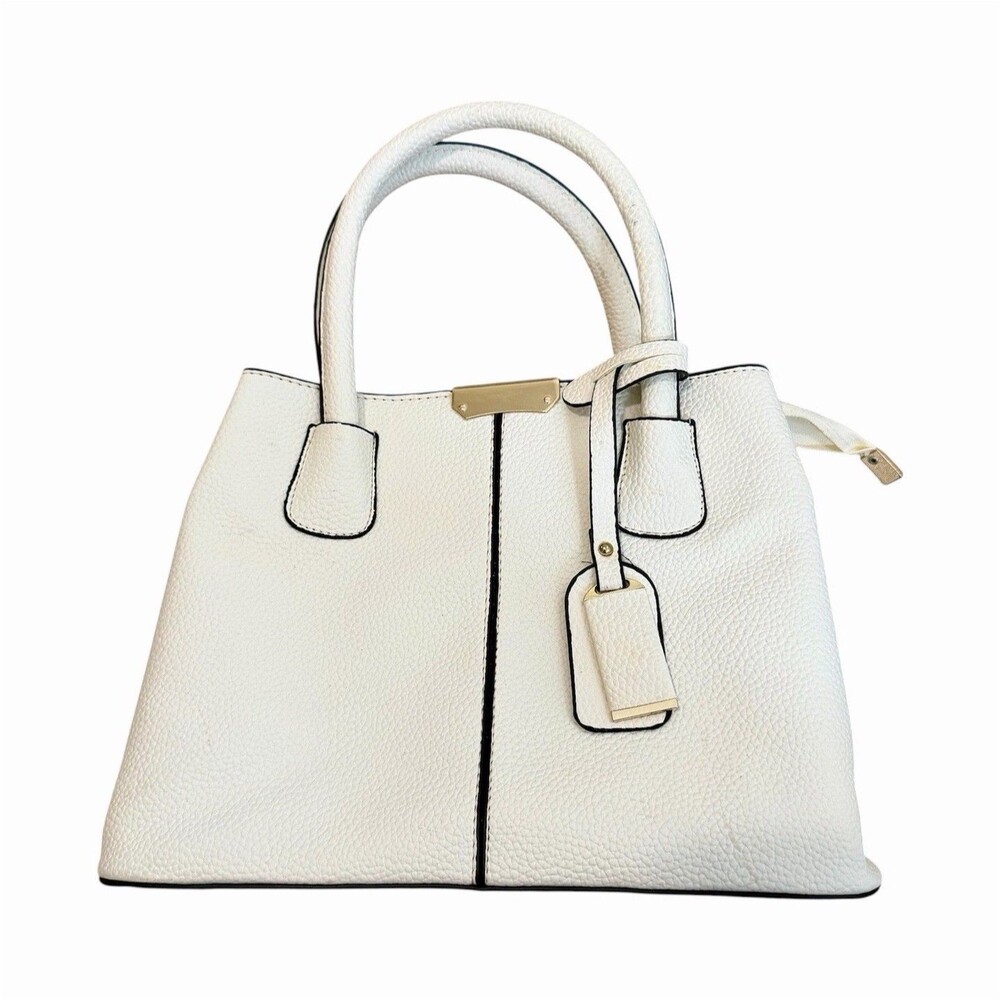 White Medium Satchel Top Handle Bag Zip Closure Detachable Strap Gold Hardware